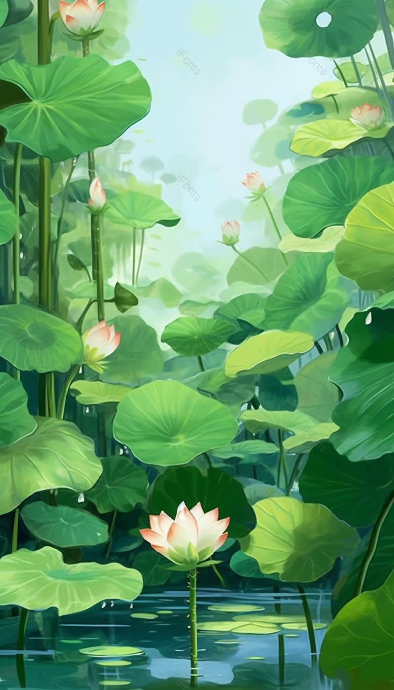 绿色夏日荷花盛开接天莲叶手绘插画背景,插画/手绘图,插画/手绘图库,插画/手绘图下载,插画/手绘